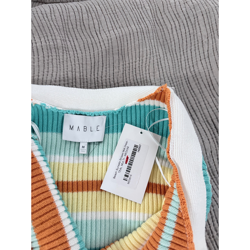 MABLE Beach Sunsets Striped Midi Dress Teal Multi Medium - Picture 2 of 4